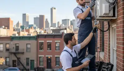 Professional AC repair technician servicing air conditioner unit in New York NY home