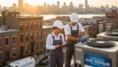 Professional AC repair technician servicing air conditioner in New York NY home