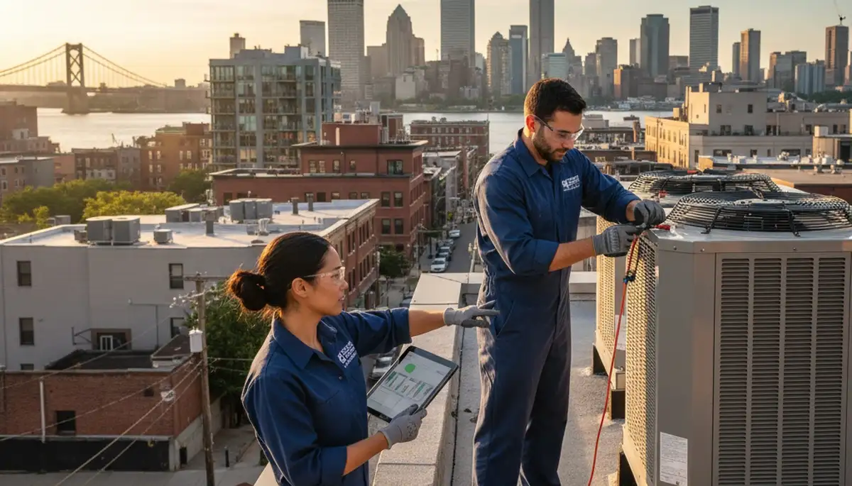 Professional AC repair technician servicing air conditioner unit in New York NY home