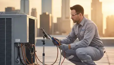 Technician repairing air conditioner unit in New York, NY apartment for Five Star Cooling