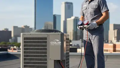Technician providing professional AC repair service in New York, NY high-rise apartment