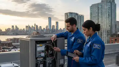 Professional AC repair technician servicing air conditioner unit in New York, NY home