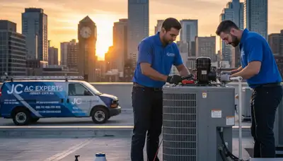 Professional AC repair technician servicing cooling unit in New York NY home