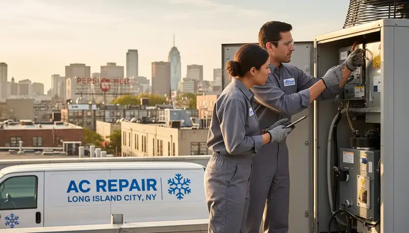 Professional AC repair technician servicing air conditioner in New York NY home