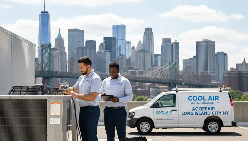 Professional AC repair technician servicing air conditioner unit in New York, NY