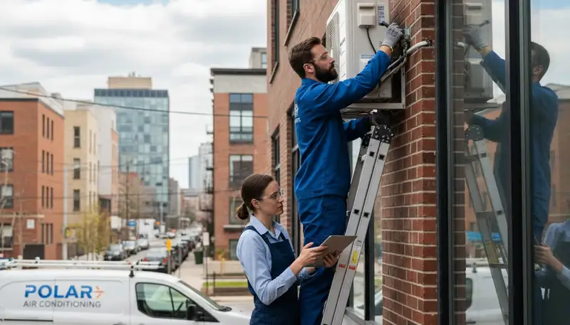 Professional AC repair technician servicing air conditioner unit in New York, NY