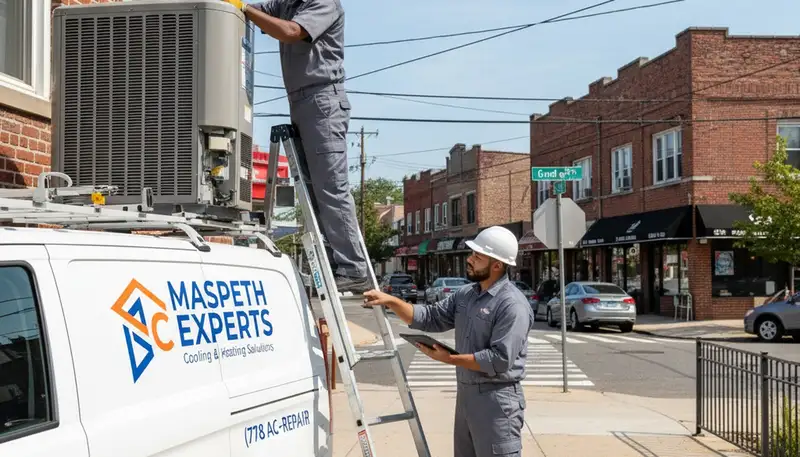 Professional AC repair technician servicing air conditioner unit in New York, NY home