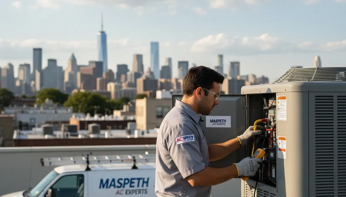 Professional AC repair technician servicing air conditioner in New York NY home