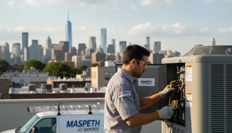 Professional AC repair technician servicing air conditioner in New York NY home
