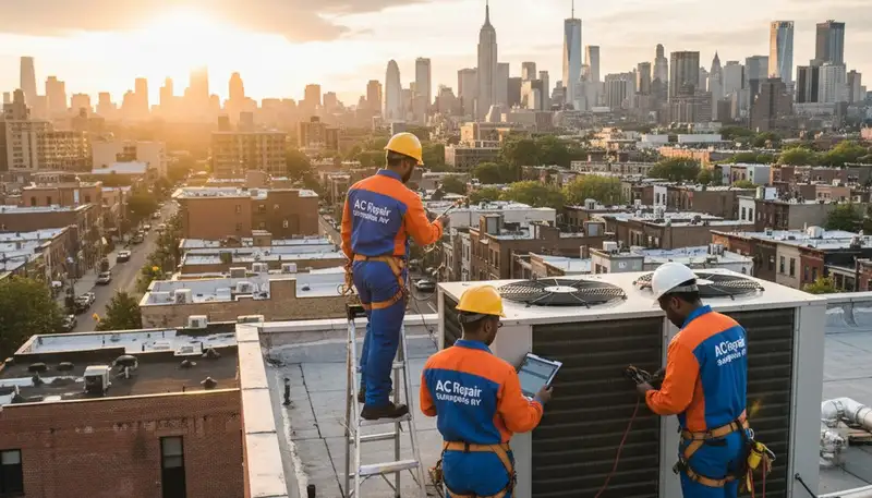 Professional AC repair technician servicing air conditioner unit in New York, NY