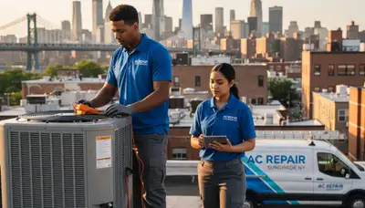 Professional AC repair technician servicing air conditioner unit in New York, NY