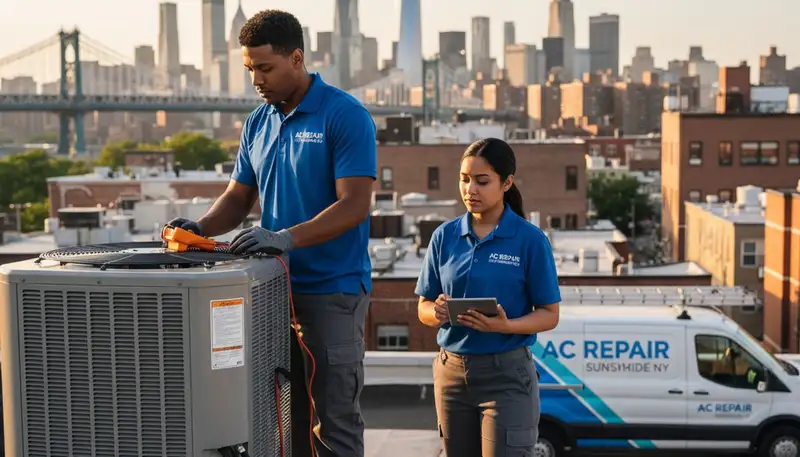 Professional AC repair technician servicing air conditioner unit in New York, NY