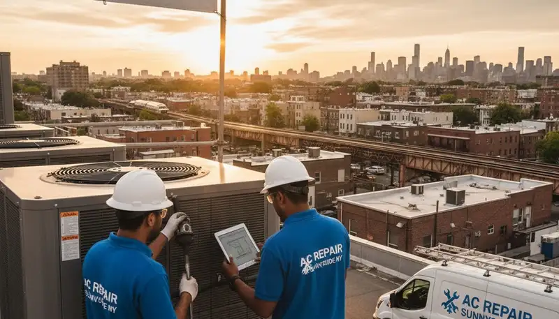 Professional AC repair technician servicing residential unit in New York, NY
