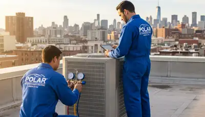 Professional AC repair technician servicing air conditioner unit in New York, NY home
