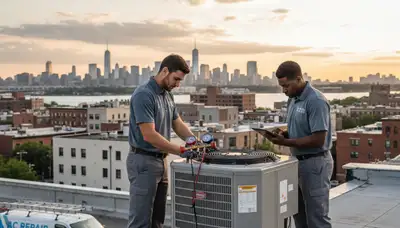 Professional AC repair technician servicing air conditioner unit in New York, NY