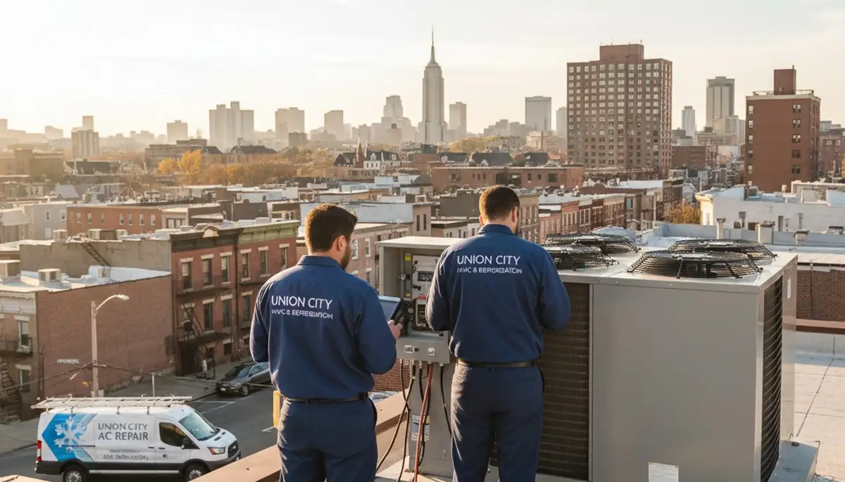 Professional AC repair technician servicing air conditioner in New York NY home