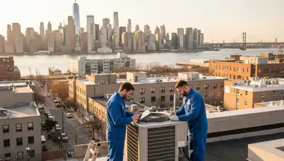 Professional AC repair technician servicing air conditioner unit in New York NY