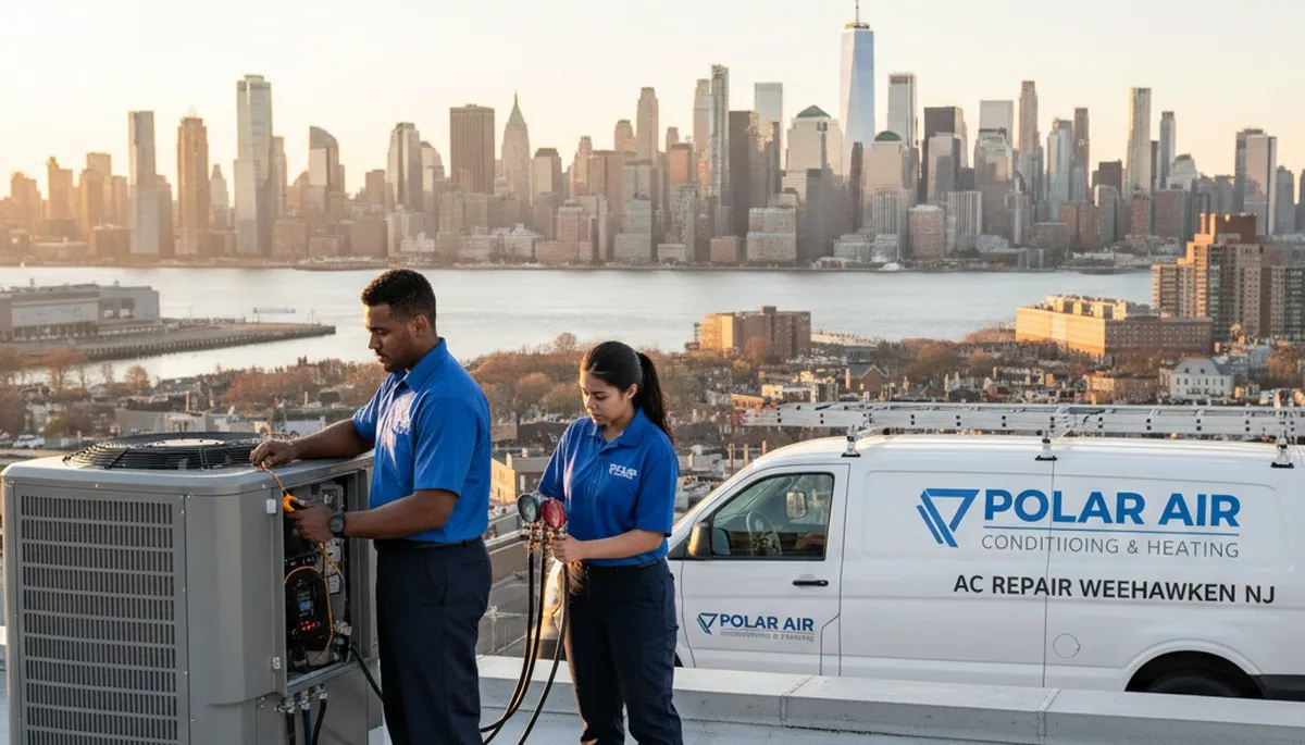 HVAC technician repairing residential air conditioner unit in New York NY