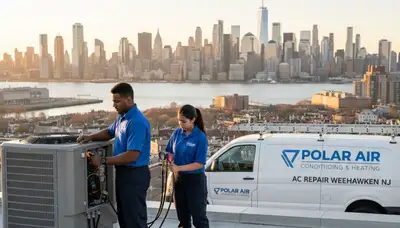HVAC technician repairing residential air conditioner unit in New York NY