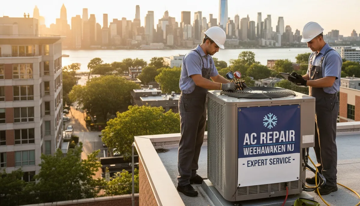 Professional AC repair technician servicing air conditioner unit in New York, NY