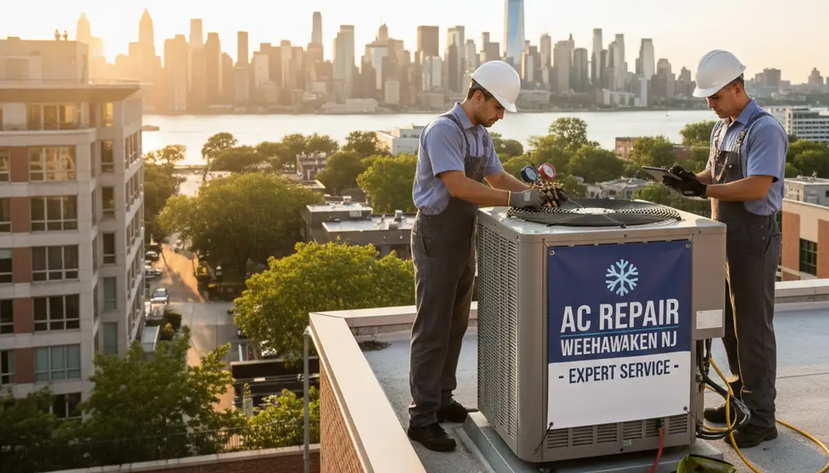 Professional AC repair technician servicing air conditioner unit in New York, NY