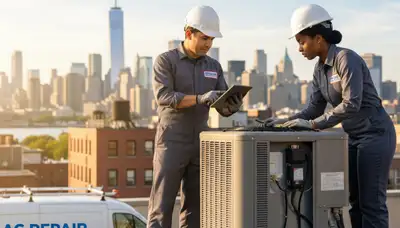Professional AC repair technician servicing air conditioner unit in New York, NY home
