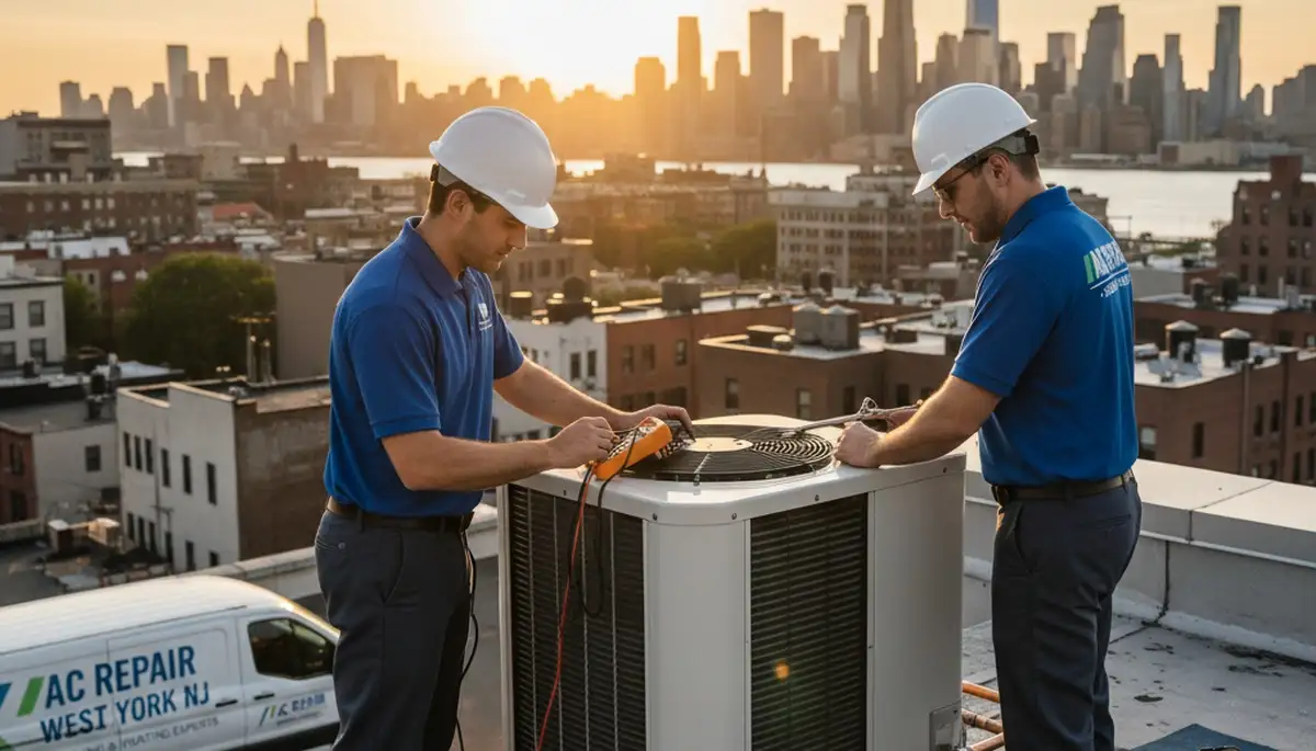 Professional AC repair technician servicing air conditioner in New York NY home