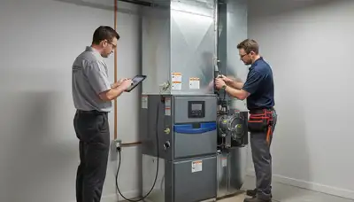 Technician performing furnace repair service in New York, NY home for Five Star Cooling