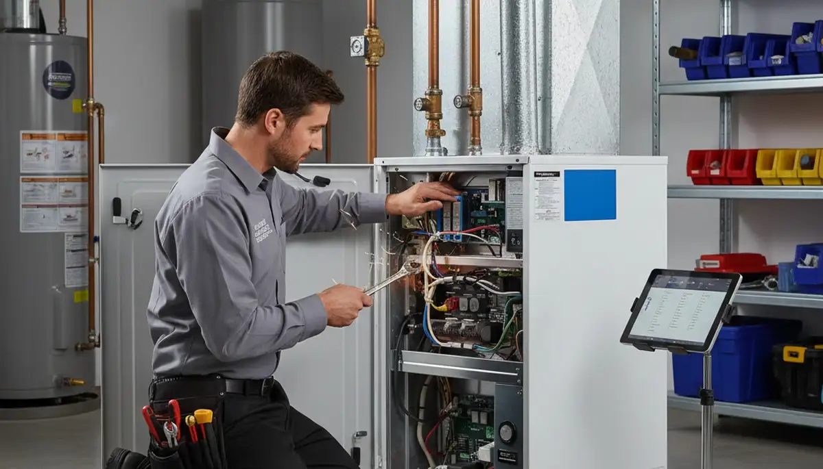 Technician performing furnace repair in New York, NY home for Five Star Cooling heating service