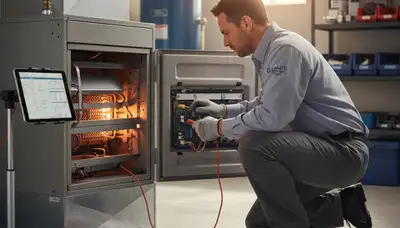 Technician performing heating repair on furnace in New York, NY home | Five Star Cooling