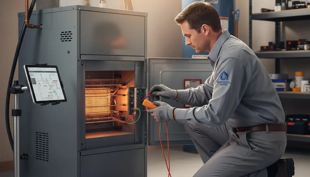 Technician performing heating repair on furnace in New York, NY home for Five Star Cooling
