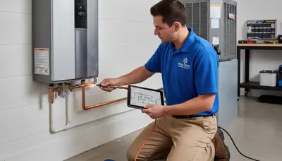 Technician repairing residential water heater | Five Star Cooling | New York, NY