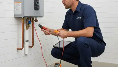 Technician performing water heater repair service in New York, NY home for Five Star Cooling