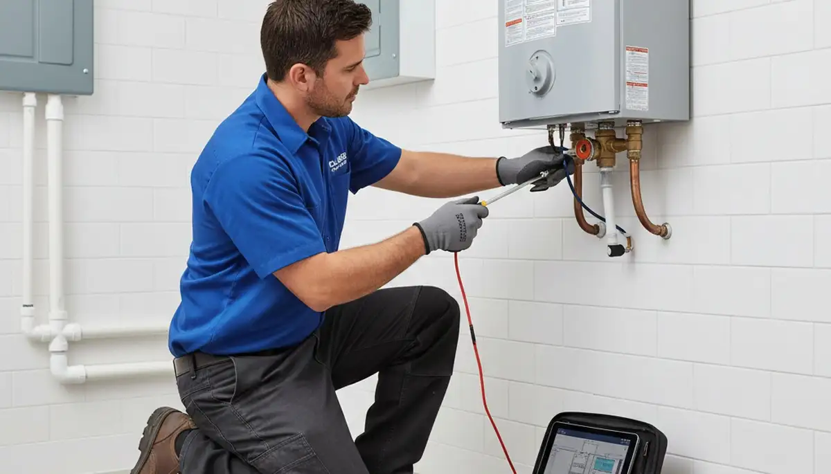 Technician performing water heater repair service in New York, NY home for Five Star Cooling